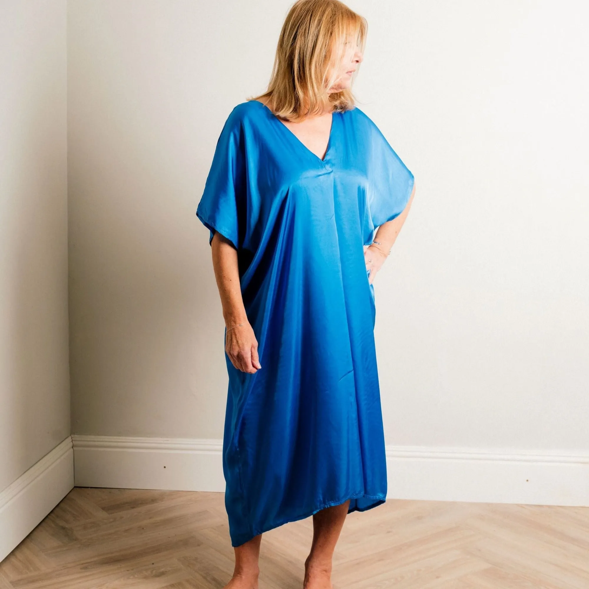 Cobalt Blue Silky Soft Midi Length Kaftan Day and Beach Dress.