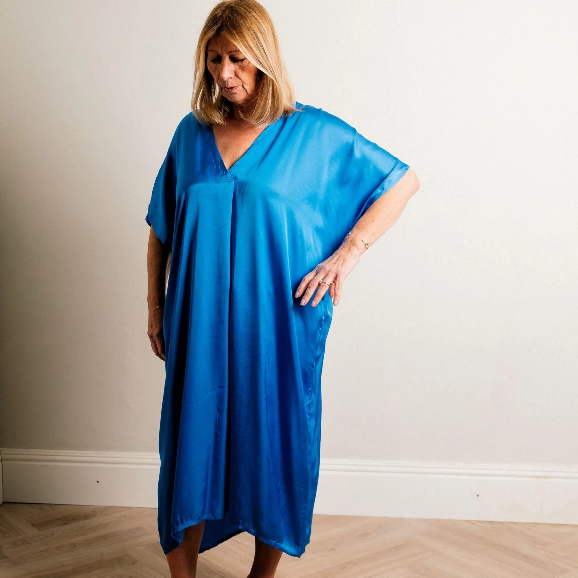 Cobalt Blue Silky Soft Midi Length Kaftan Day and Beach Dress.