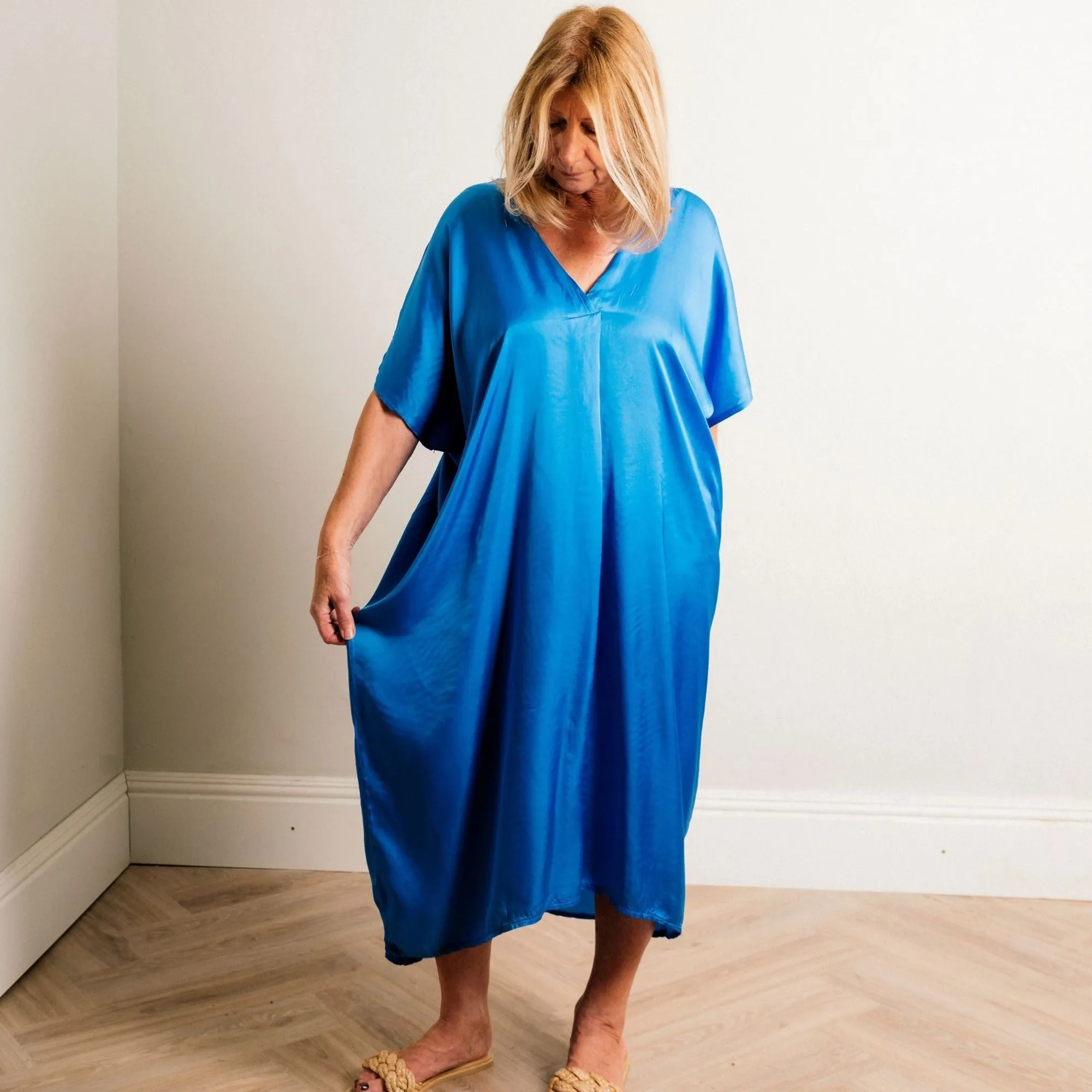 Cobalt Blue Silky Soft Midi Length Kaftan Day and Beach Dress.