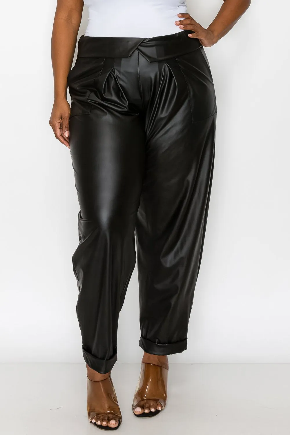 Collared Faux Leather Pants w/ Pockets