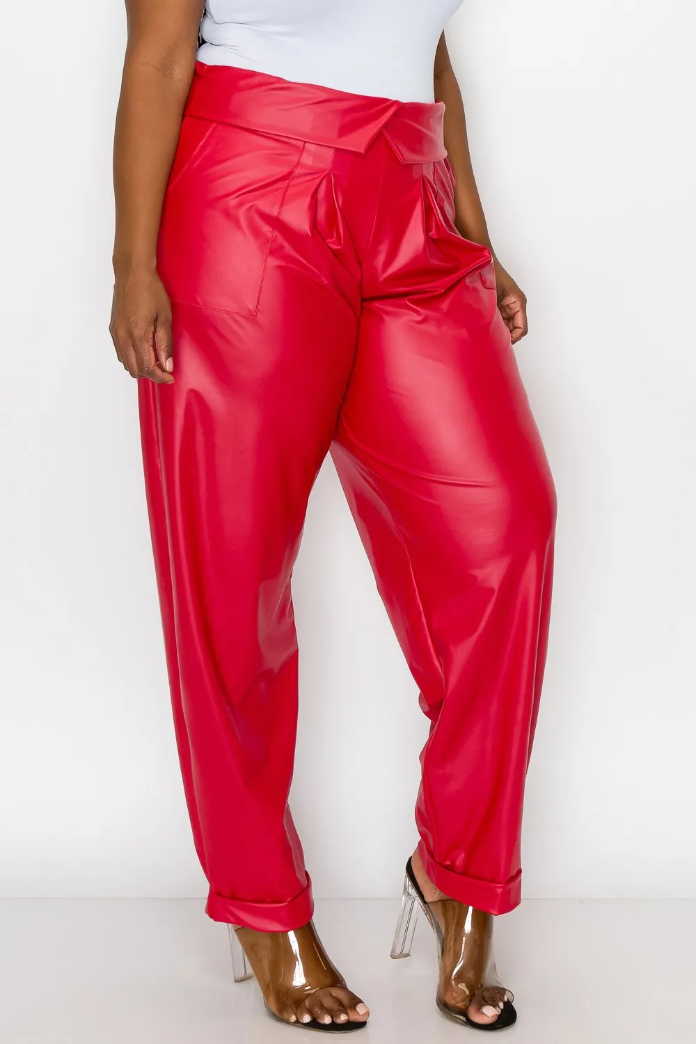 Collared Faux Leather Pants w/ Pockets