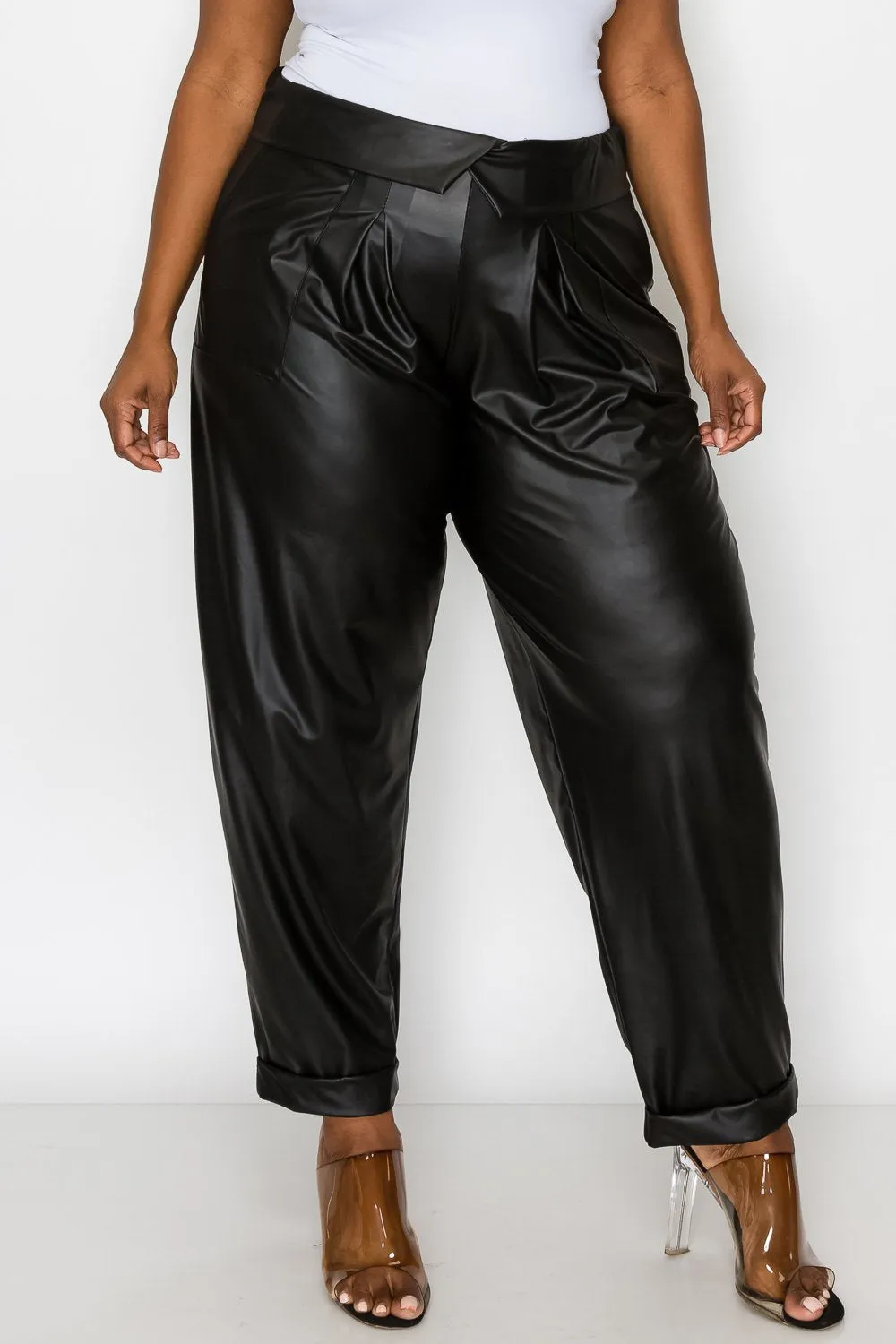 Collared Faux Leather Pants w/ Pockets