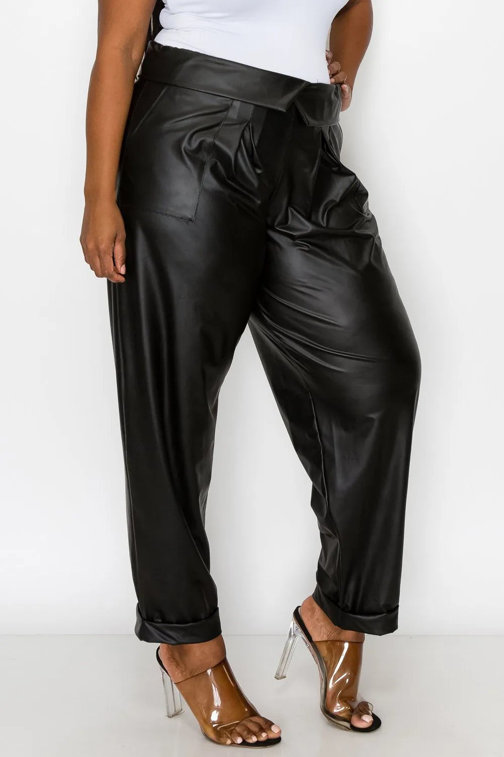 Collared Faux Leather Pants w/ Pockets