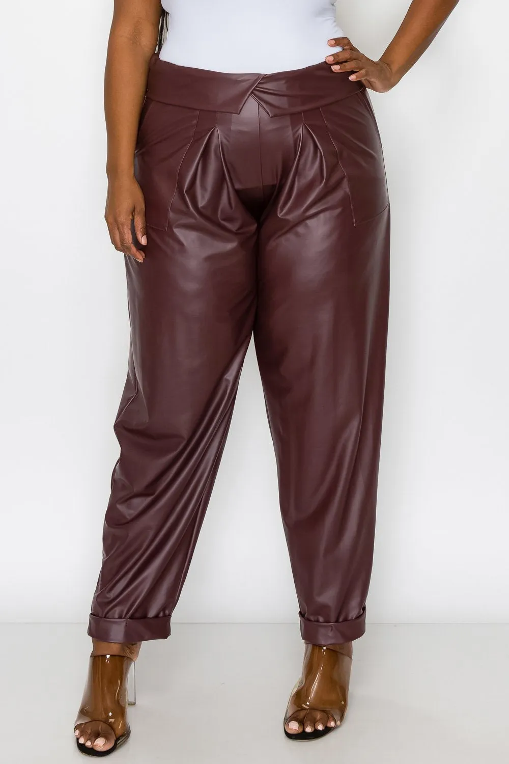 Collared Faux Leather Pants w/ Pockets