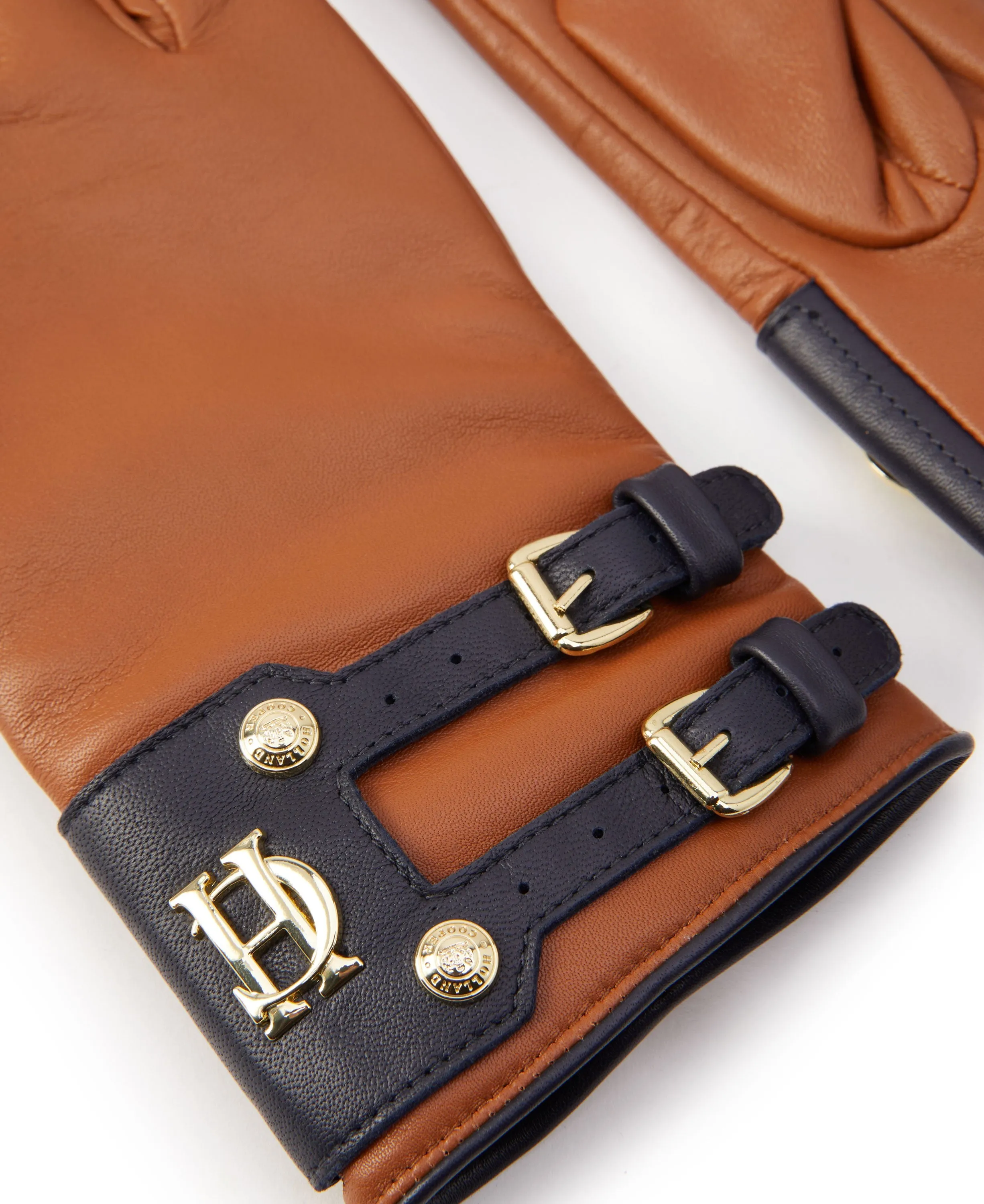 Contrast Leather Gloves - Tan/Ink Navy