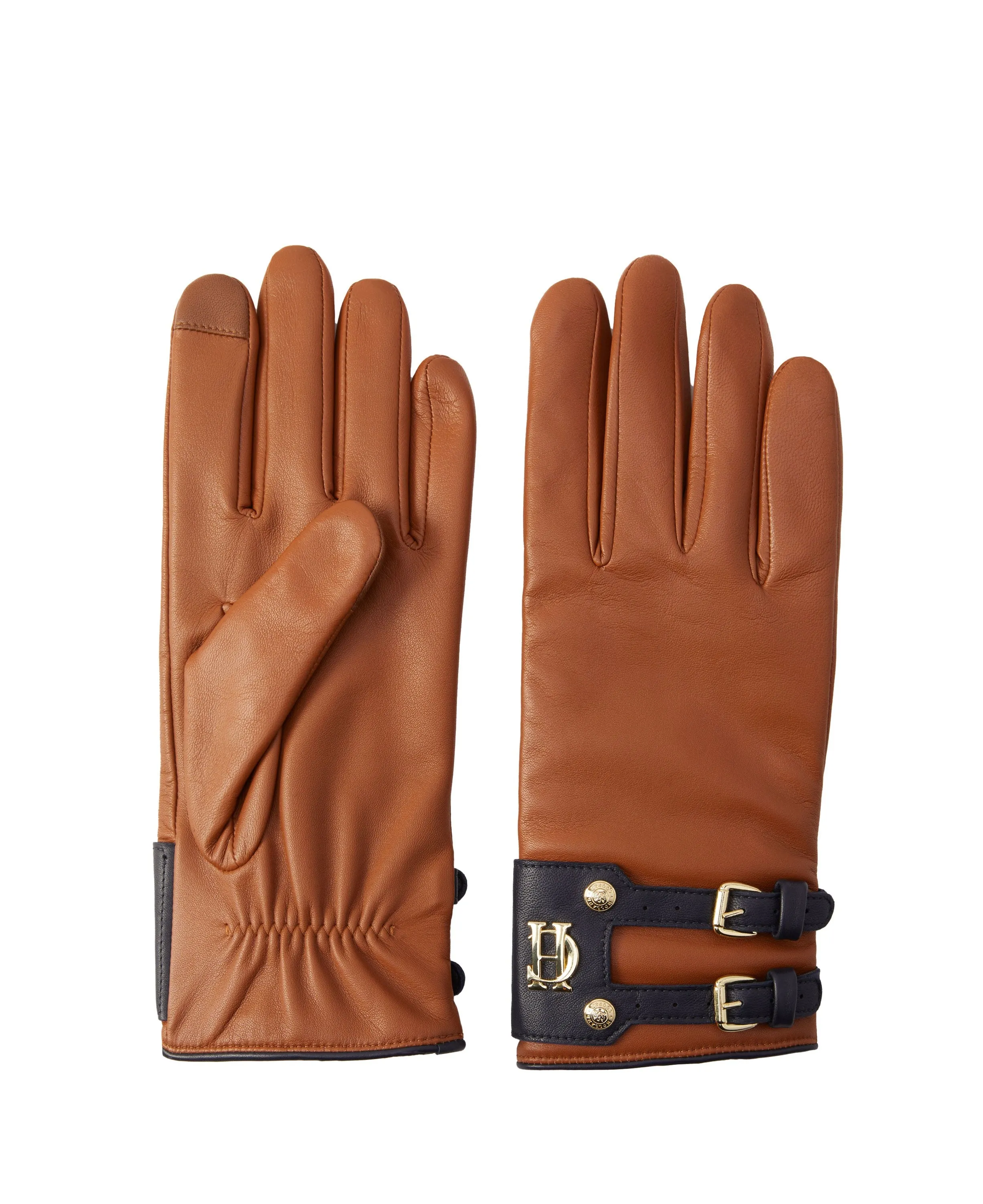 Contrast Leather Gloves - Tan/Ink Navy