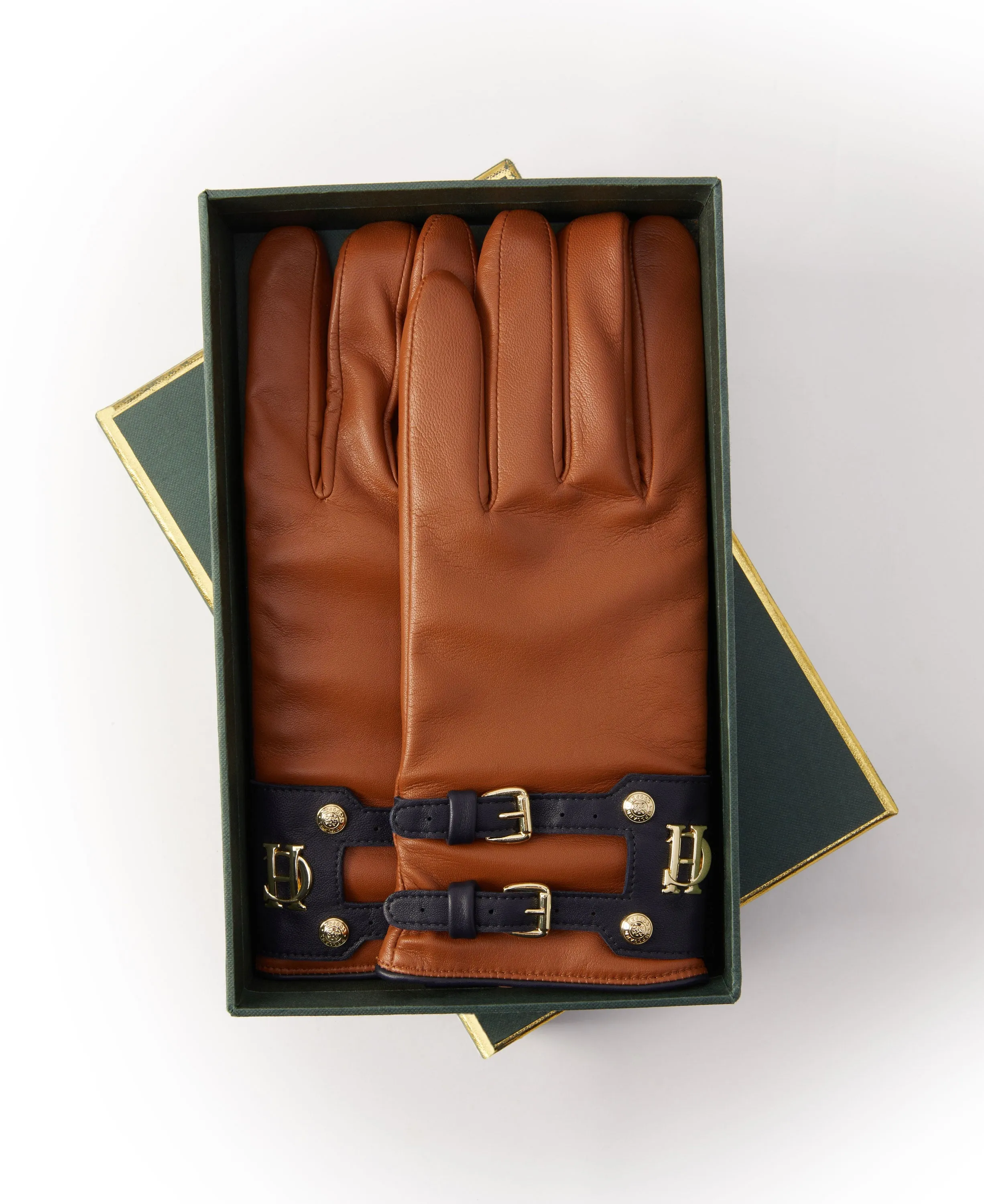 Contrast Leather Gloves - Tan/Ink Navy