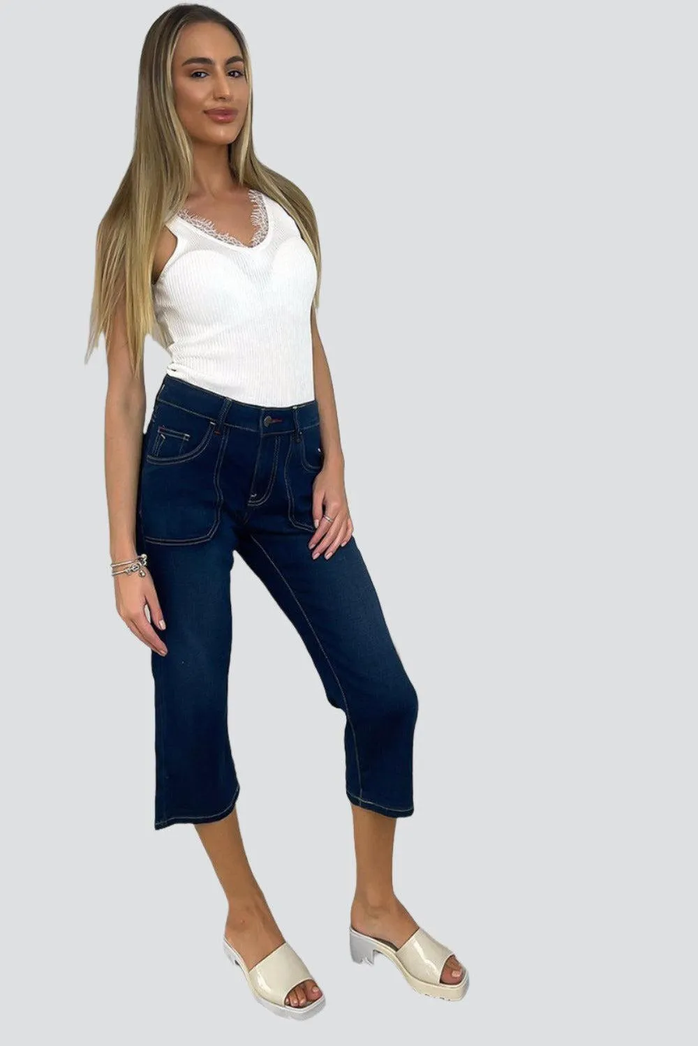 Contrast Stitch Large Pockets Cropped Jeans