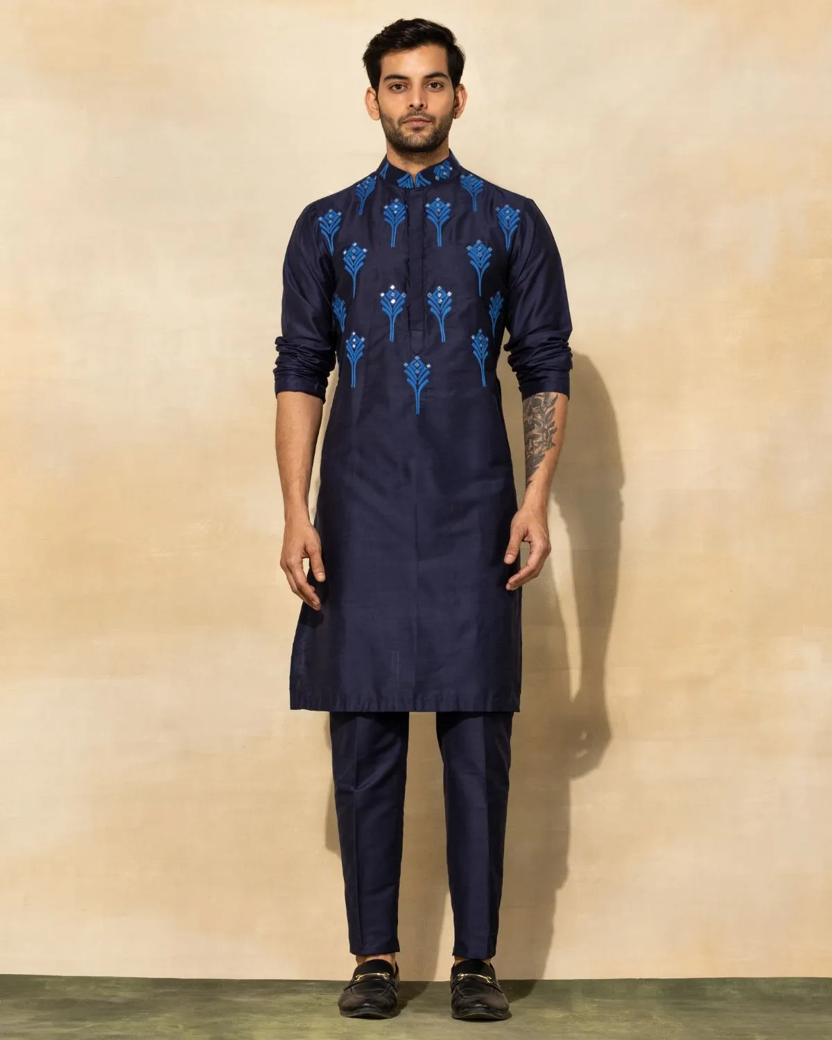 Dark Blue Feather Embroidered Kurta Set