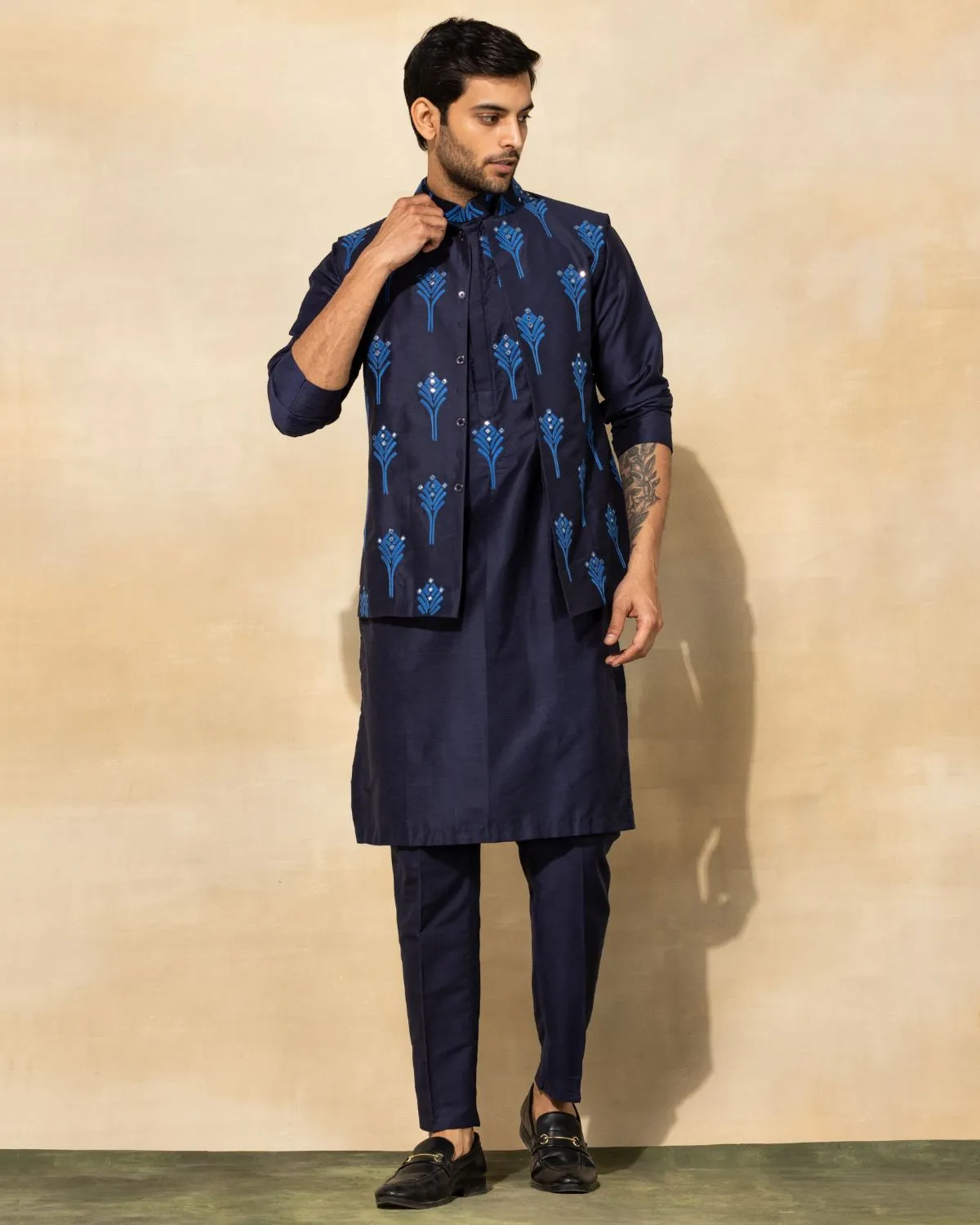 Dark Blue Feather Embroidered Kurta Set