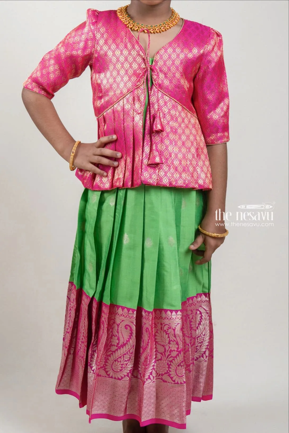 Designer Pink Silk Overcoat with Floral Zari Brocade and Pink Korva Border Anarkali Dress