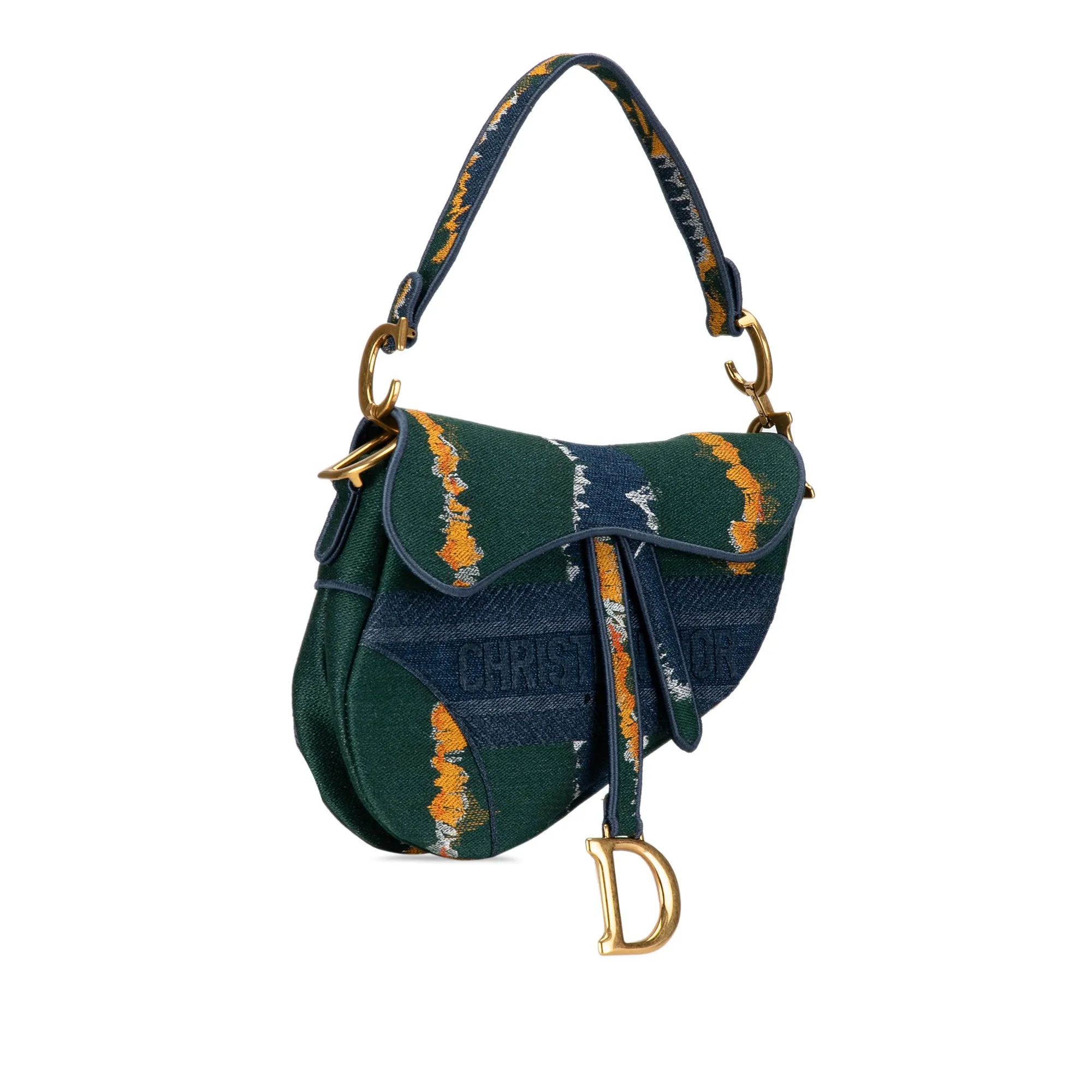 Dior Saddle Bag Medium Green Embroidered Canvas