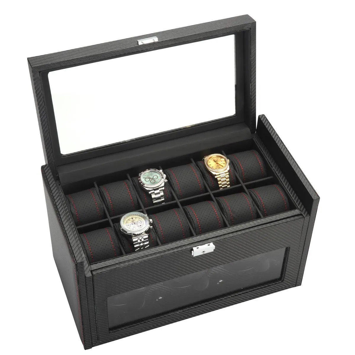 Diplomat Black Carbon Fiber Pattern 3 Watch Winder & 12 Watch Additional Storage