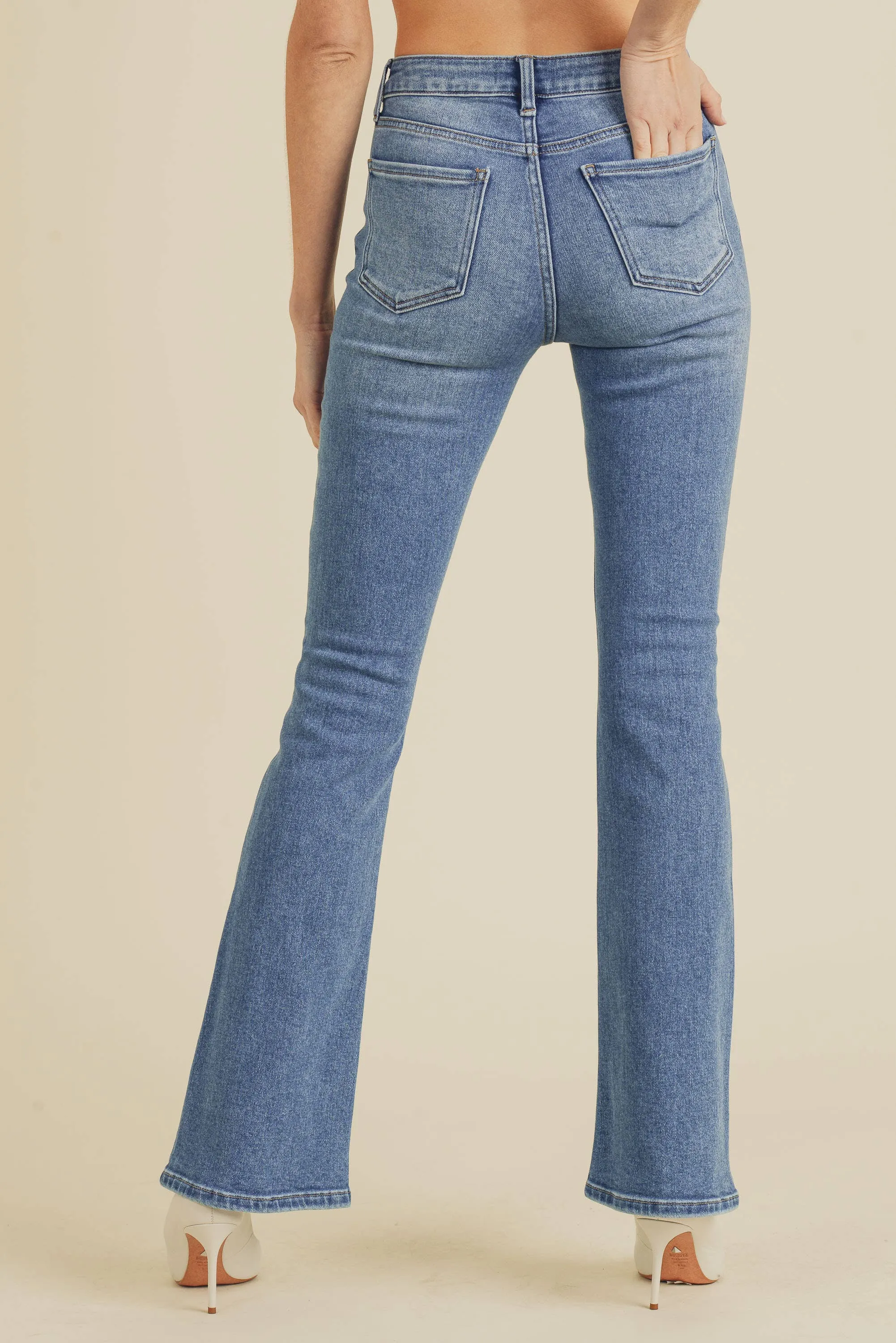 Dolly Long High Rise Skinny Flare Medium Blue Denim Jeans