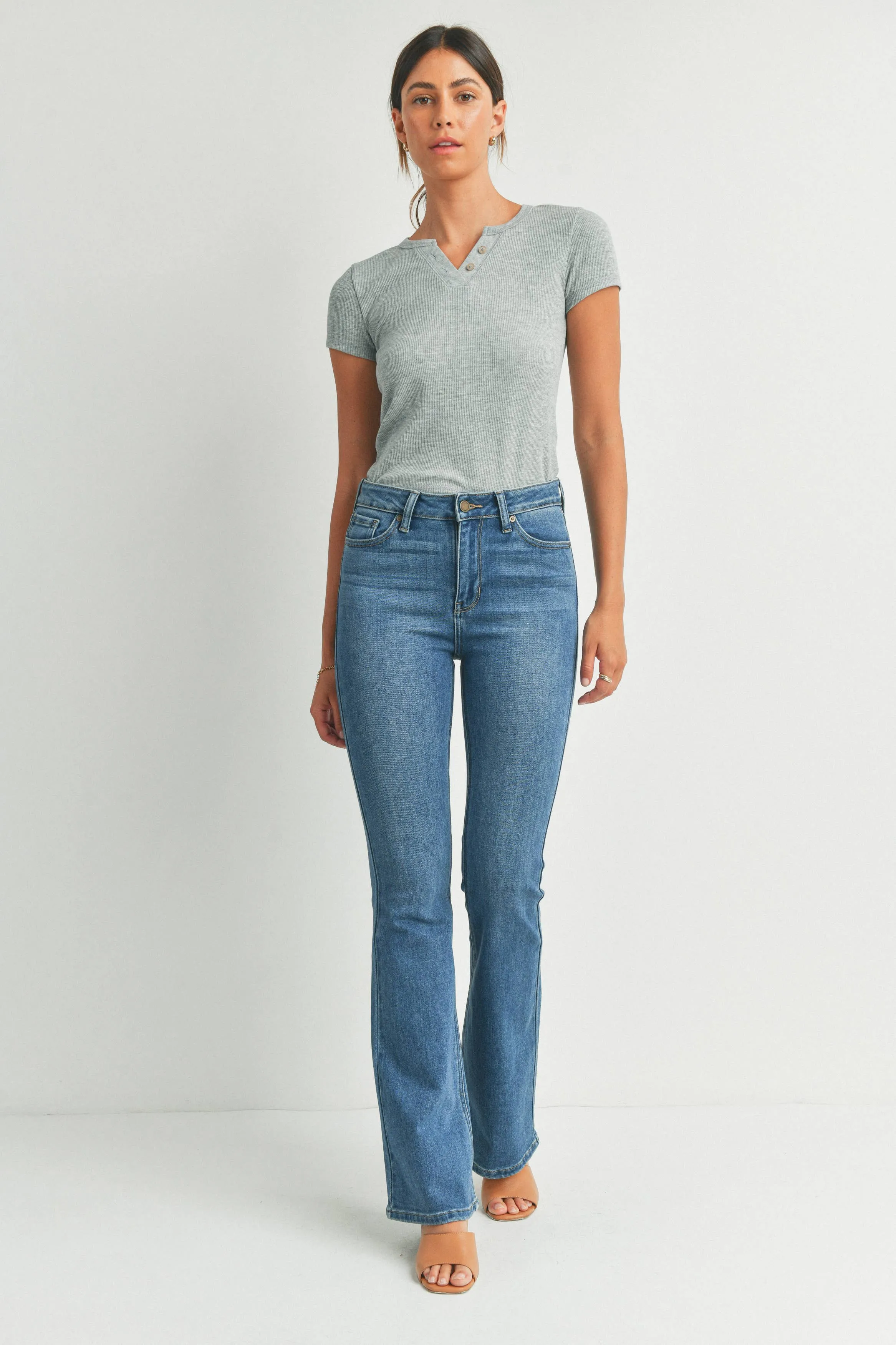 Dolly Long High Rise Skinny Flare Medium Blue Denim Jeans