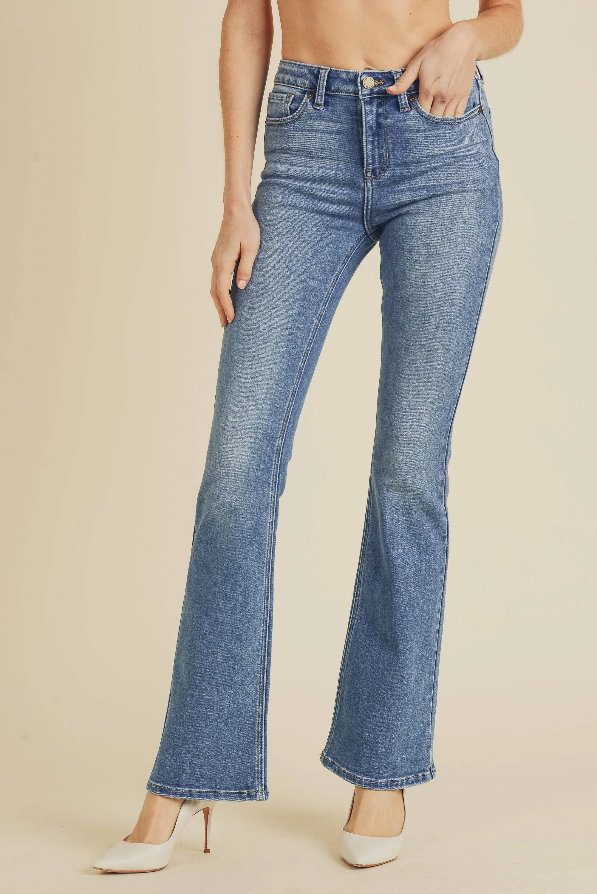 Dolly Long High Rise Skinny Flare Medium Blue Denim Jeans