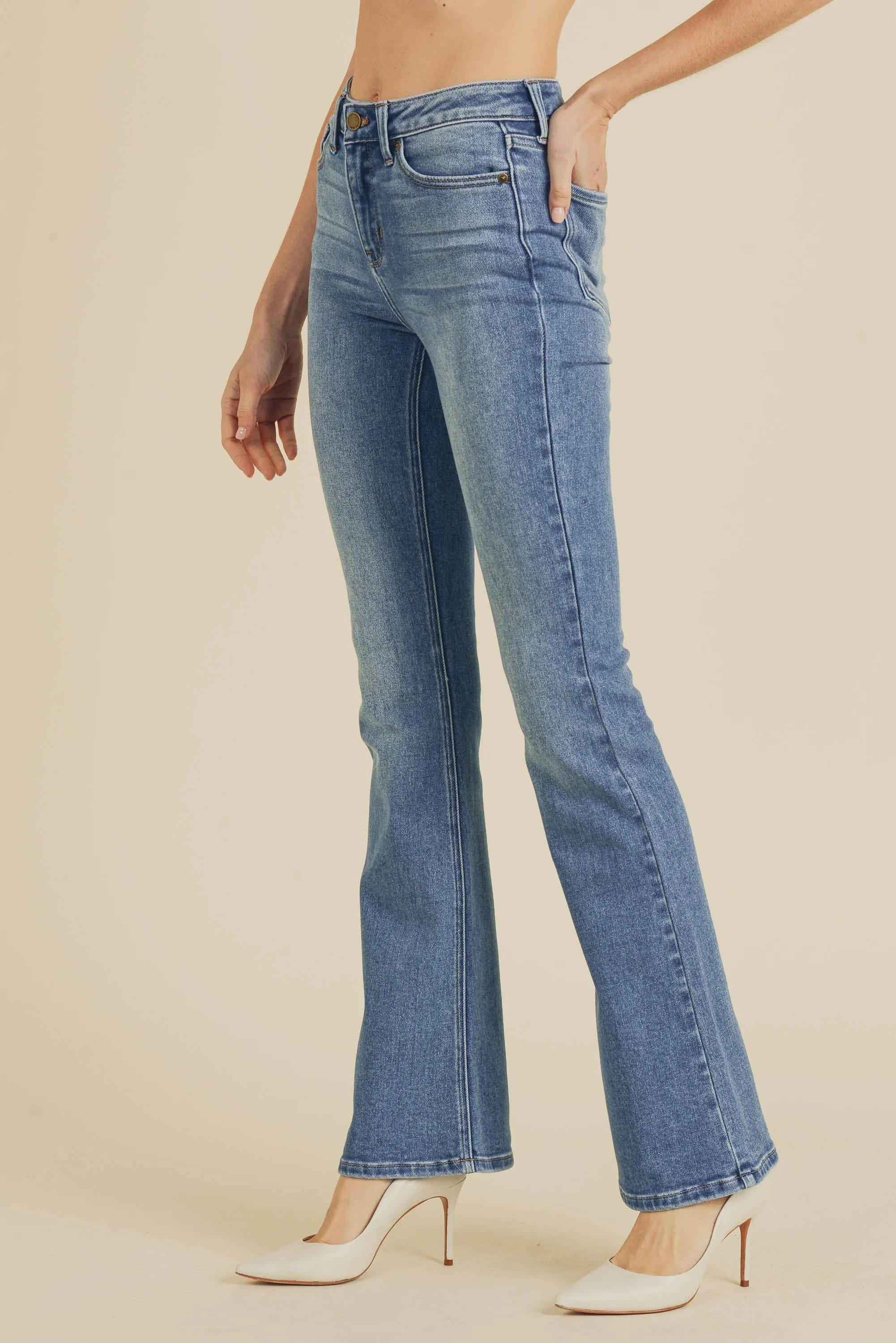 Dolly Long High Rise Skinny Flare Medium Blue Denim Jeans