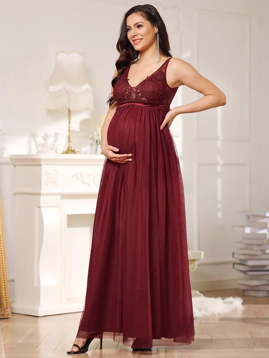 Double V-Neck Lace Bodice Long Flowy Maternity Dress