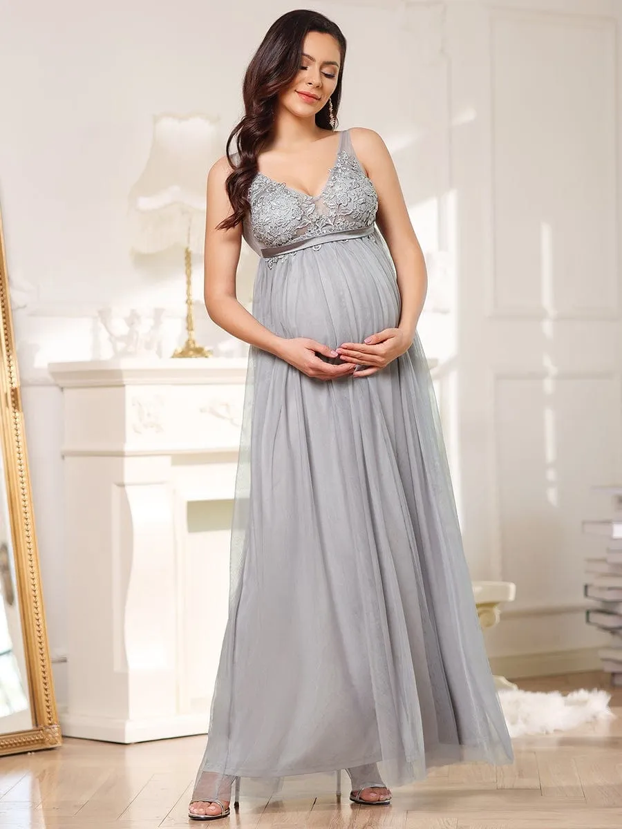 Double V-Neck Lace Bodice Long Flowy Maternity Dress