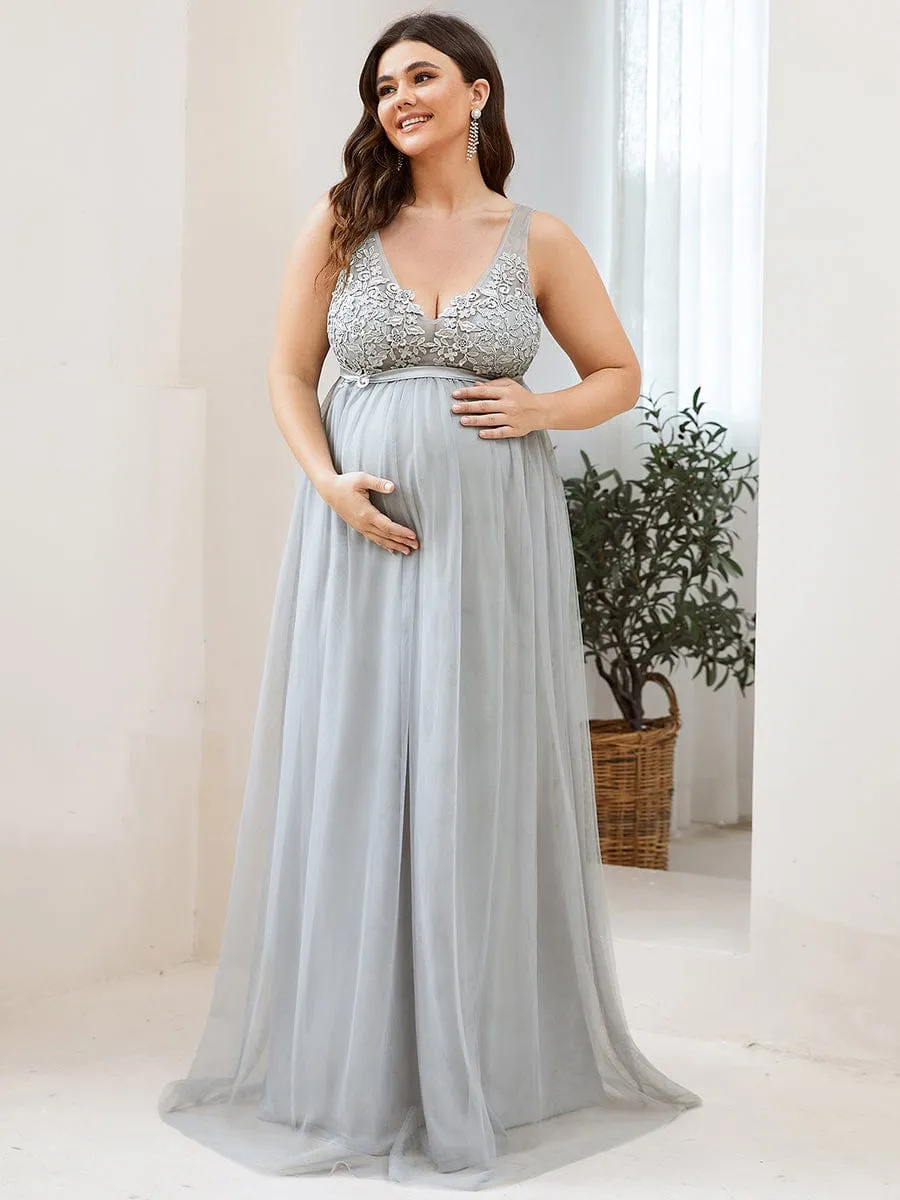 Double V-Neck Lace Bodice Long Flowy Maternity Dress