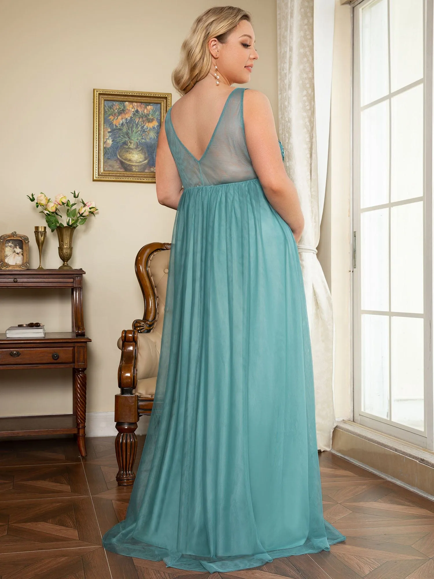 Double V-Neck Lace Bodice Long Flowy Maternity Dress