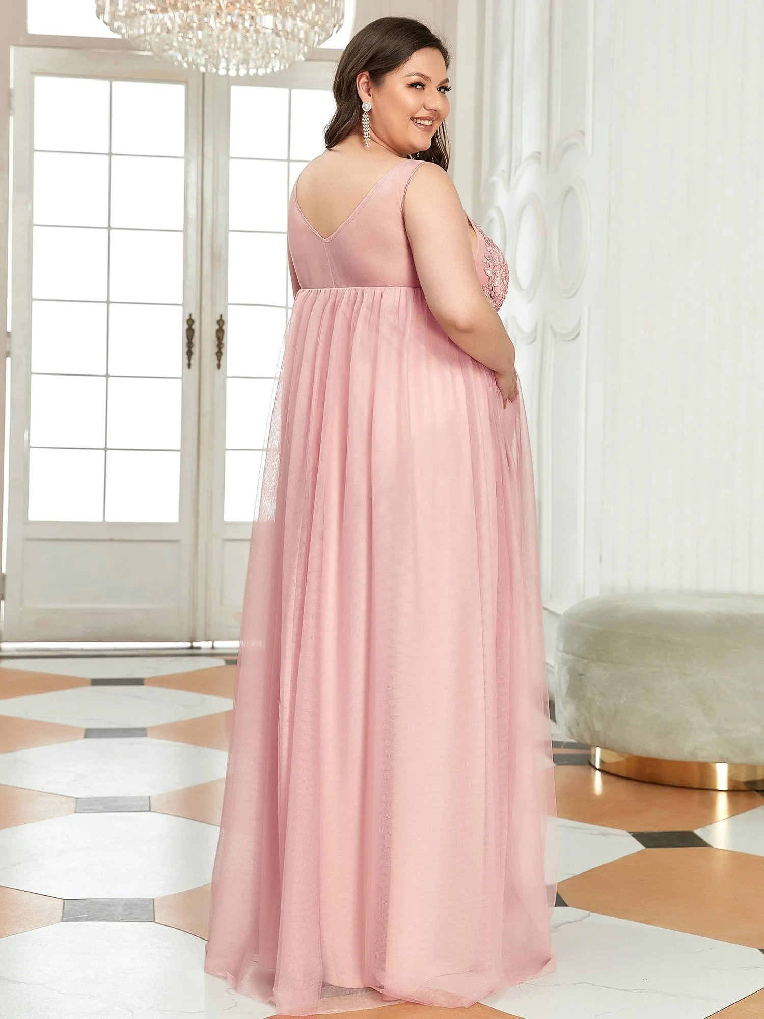 Double V-Neck Lace Bodice Long Flowy Maternity Dress