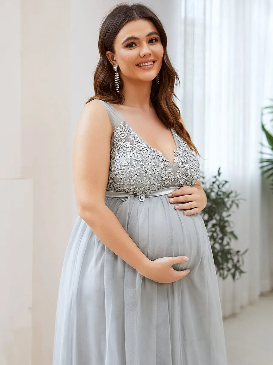 Double V-Neck Lace Bodice Long Flowy Maternity Dress