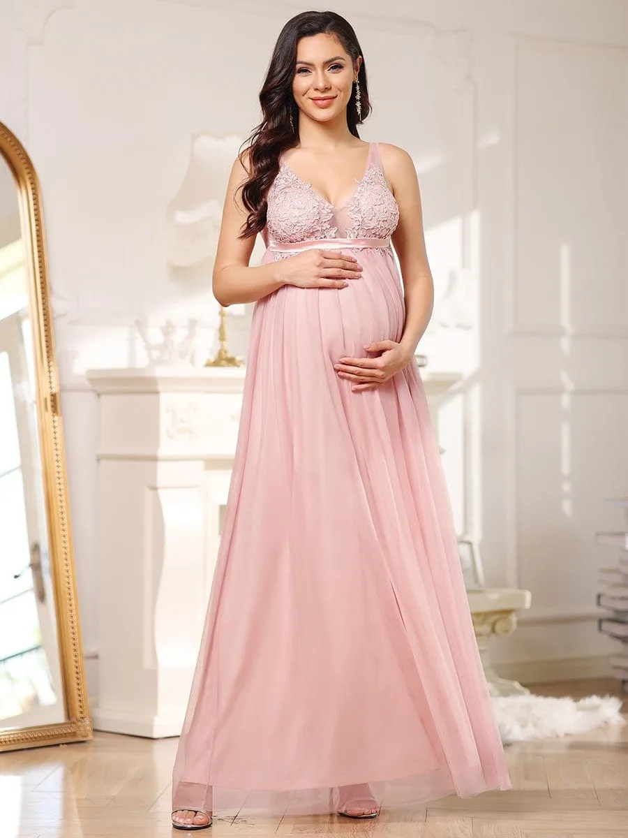 Double V-Neck Lace Bodice Long Flowy Maternity Dress