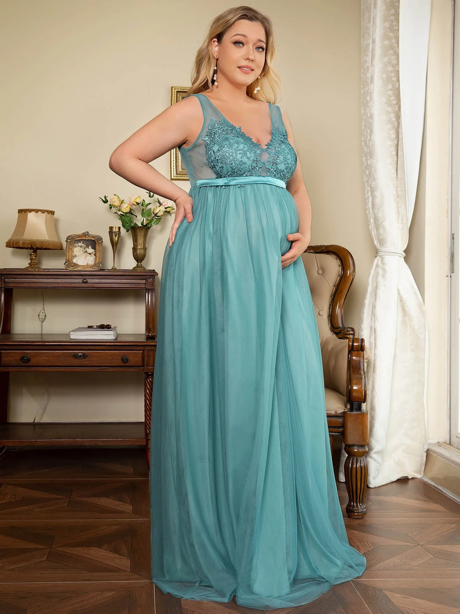 Double V-Neck Lace Bodice Long Flowy Maternity Dress