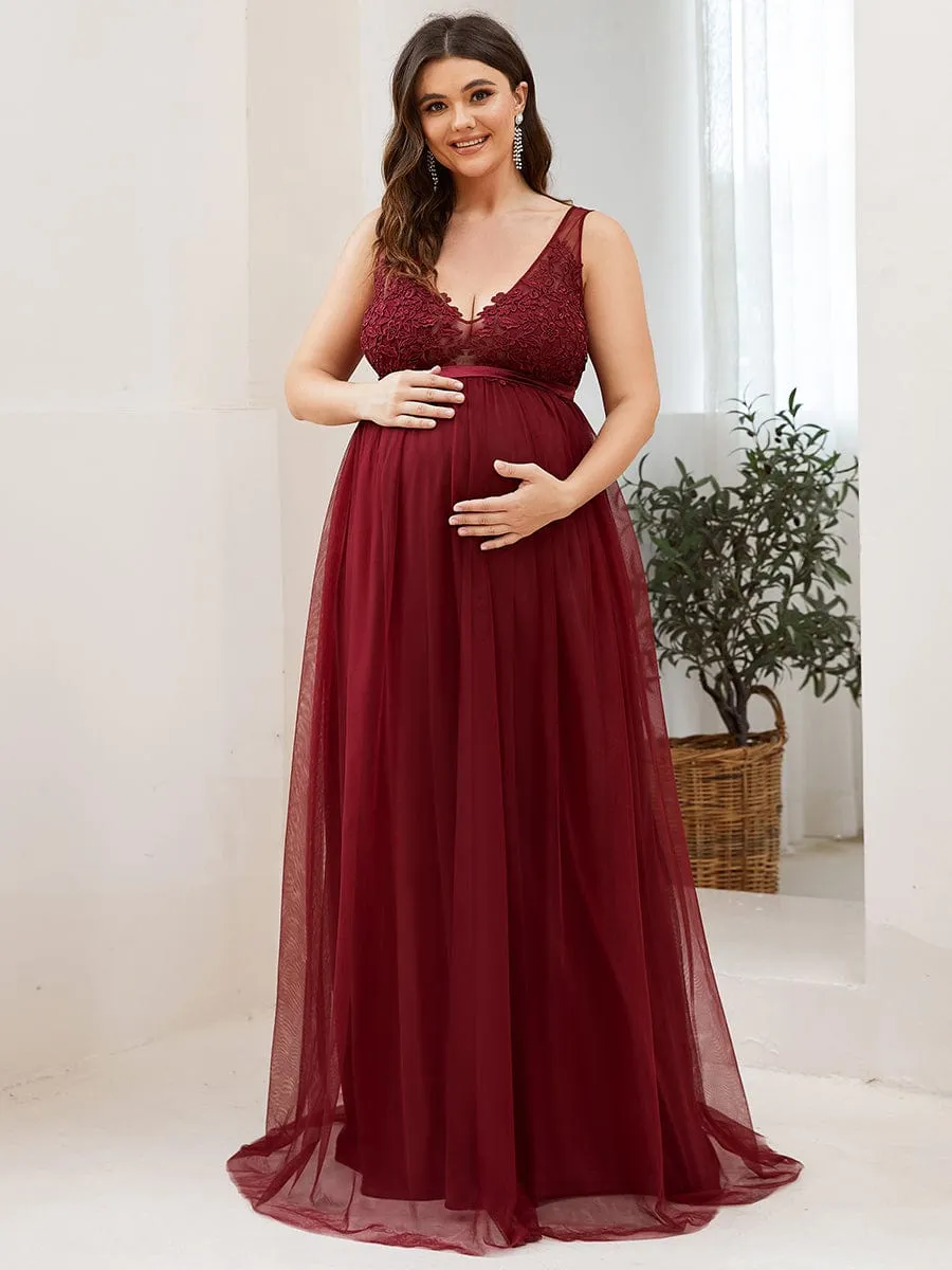 Double V-Neck Lace Bodice Long Flowy Maternity Dress