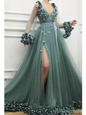 Dusty Green A-line High Slit V-neck Long Sleeves Prom Dresses Online,12668