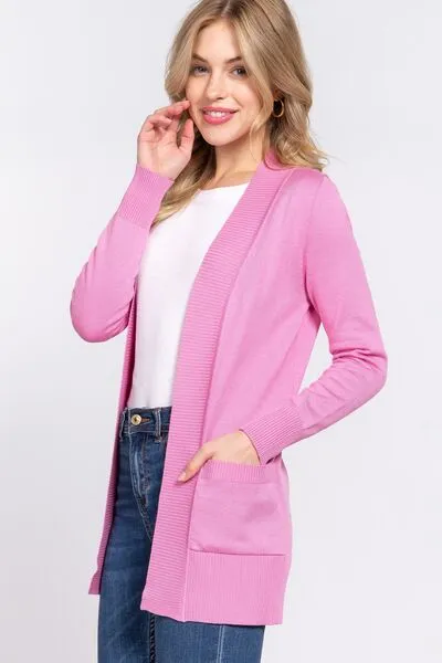 Explore More Collection - ACTIVE BASIC Ribbed Trim Open Front Cardigan