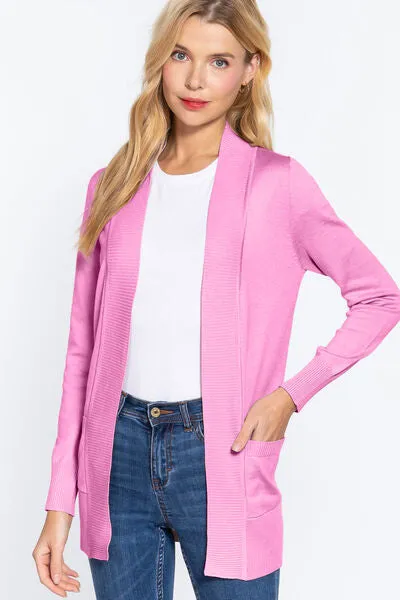 Explore More Collection - ACTIVE BASIC Ribbed Trim Open Front Cardigan