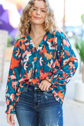 Explore More Collection - All I Ask Teal Floral Abstract Print V Neck Smocked Top