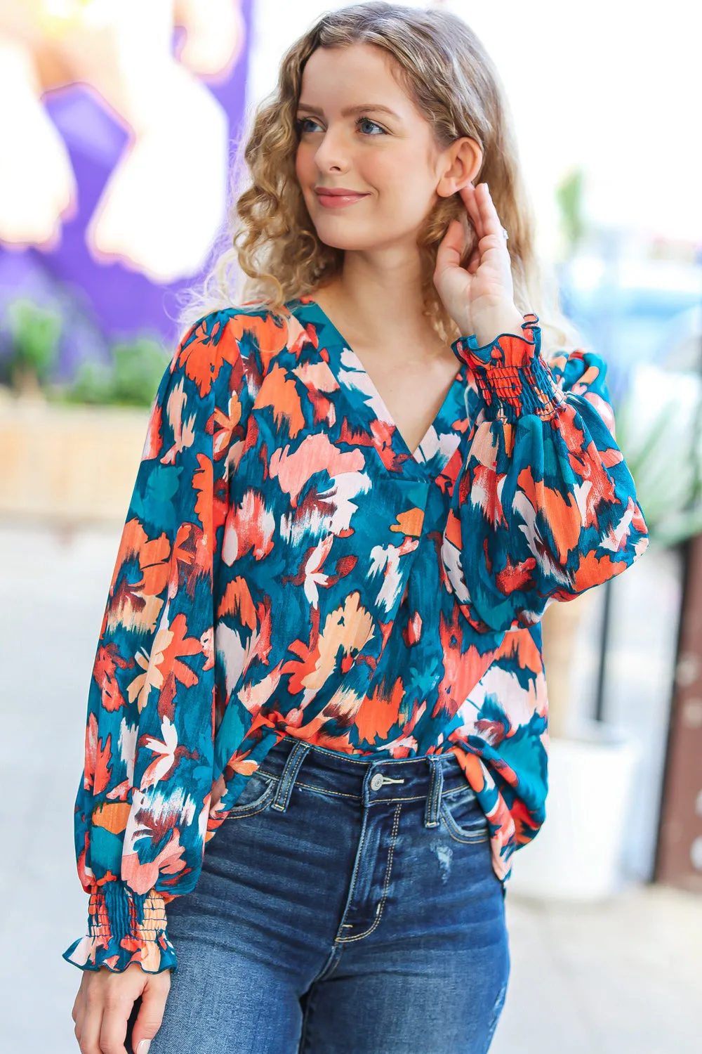 Explore More Collection - All I Ask Teal Floral Abstract Print V Neck Smocked Top