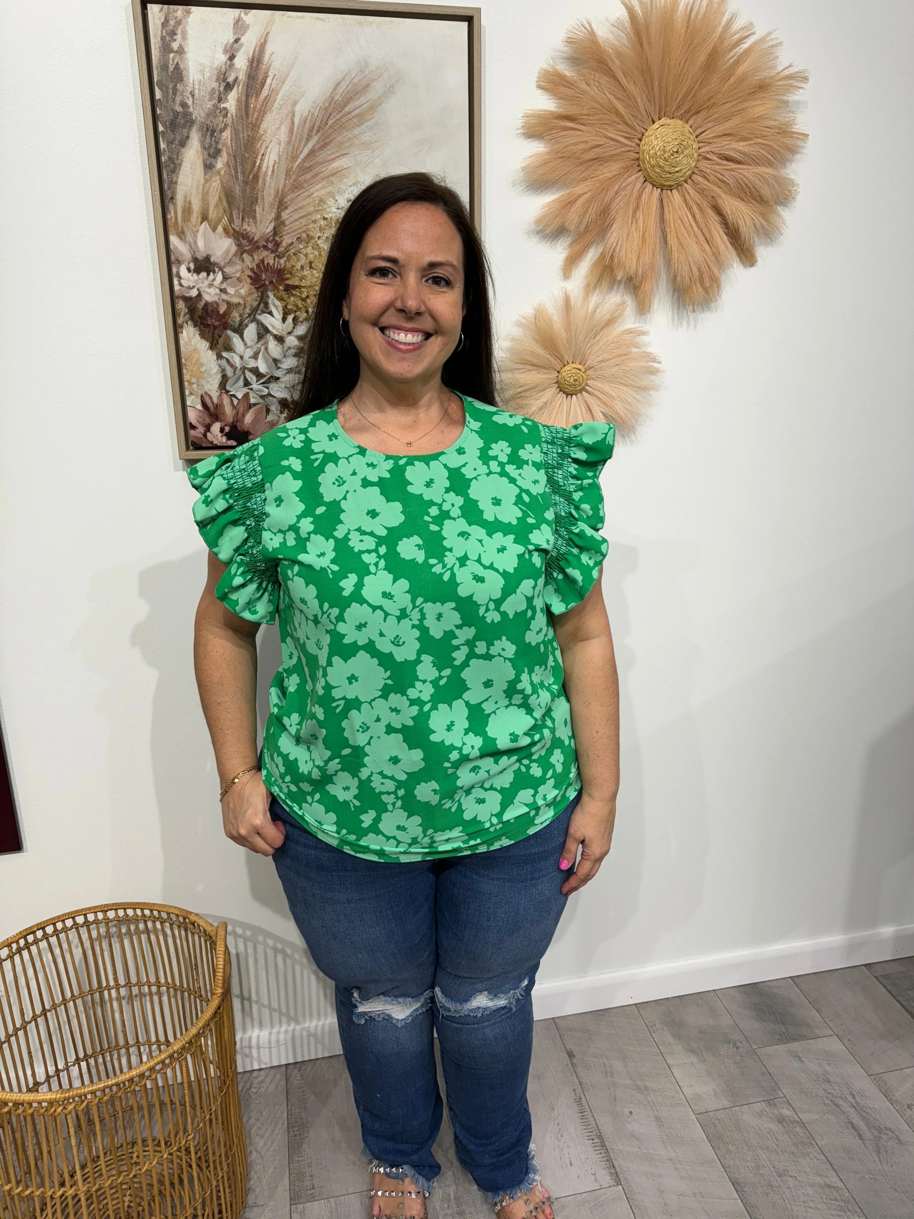 Explore More Collection - All The Frills Kelly Green Floral Smocked Ruffle Sleeve Top