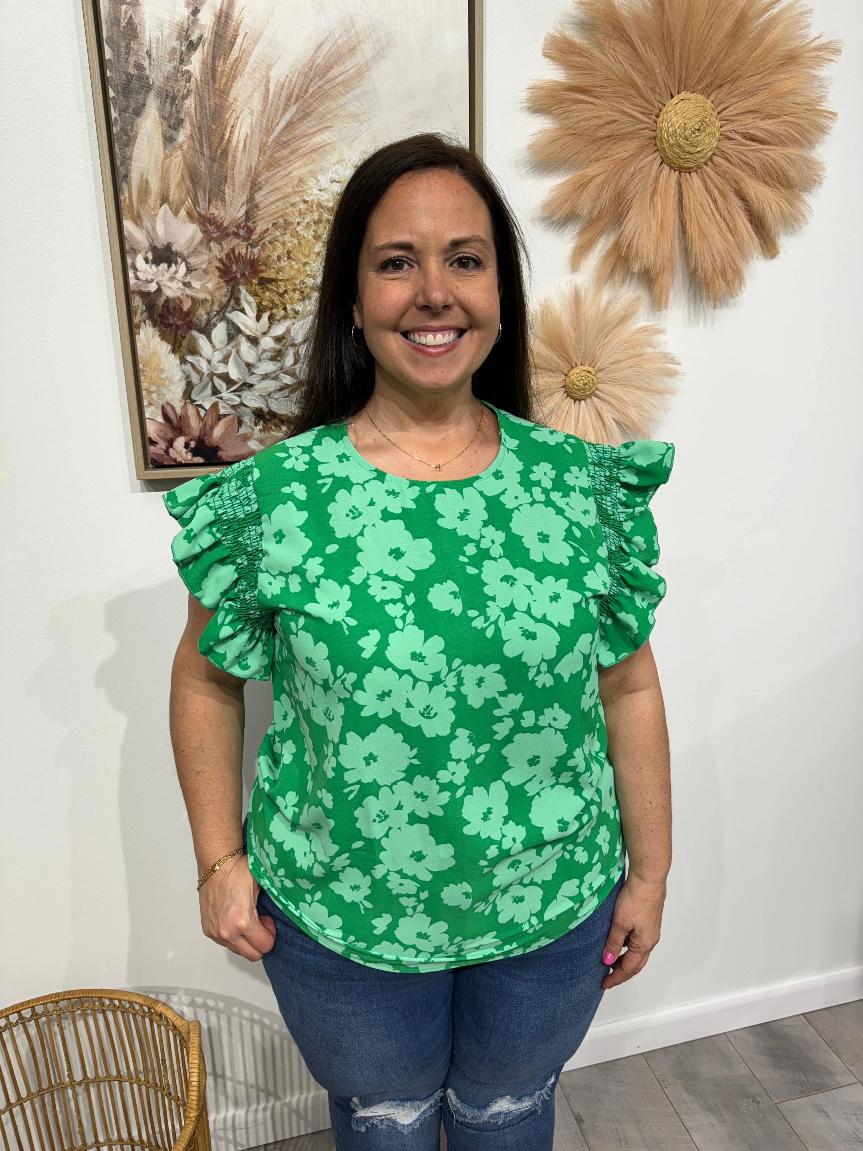 Explore More Collection - All The Frills Kelly Green Floral Smocked Ruffle Sleeve Top