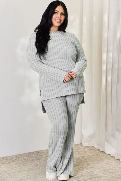 Explore More Collection - Basic Bae Full Size Ribbed High-Low Top and Wide Leg Pants Set