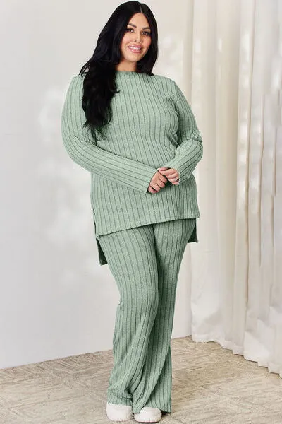 Explore More Collection - Basic Bae Full Size Ribbed High-Low Top and Wide Leg Pants Set