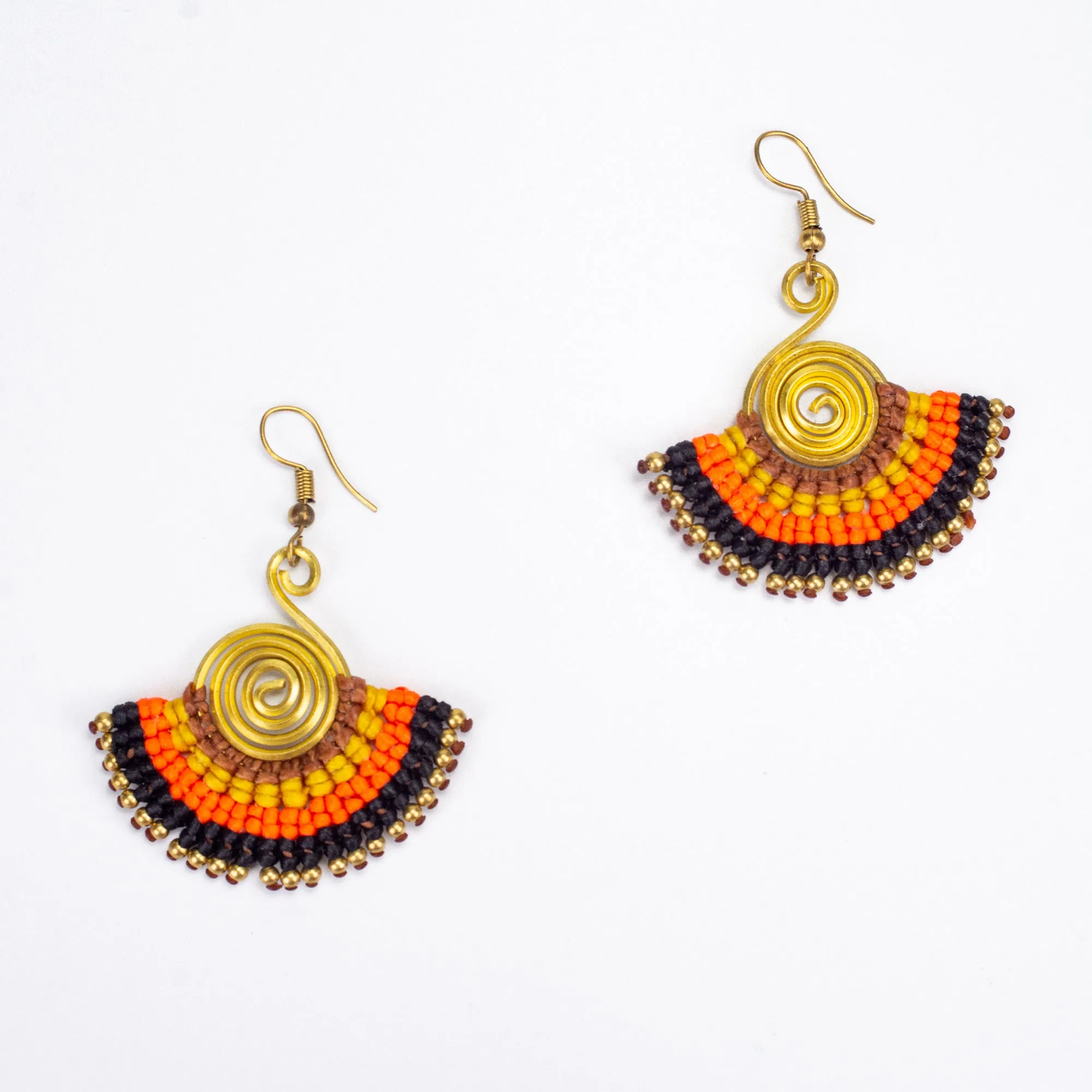 Fan Orange Black Waxed String Spiral Brass Earrings