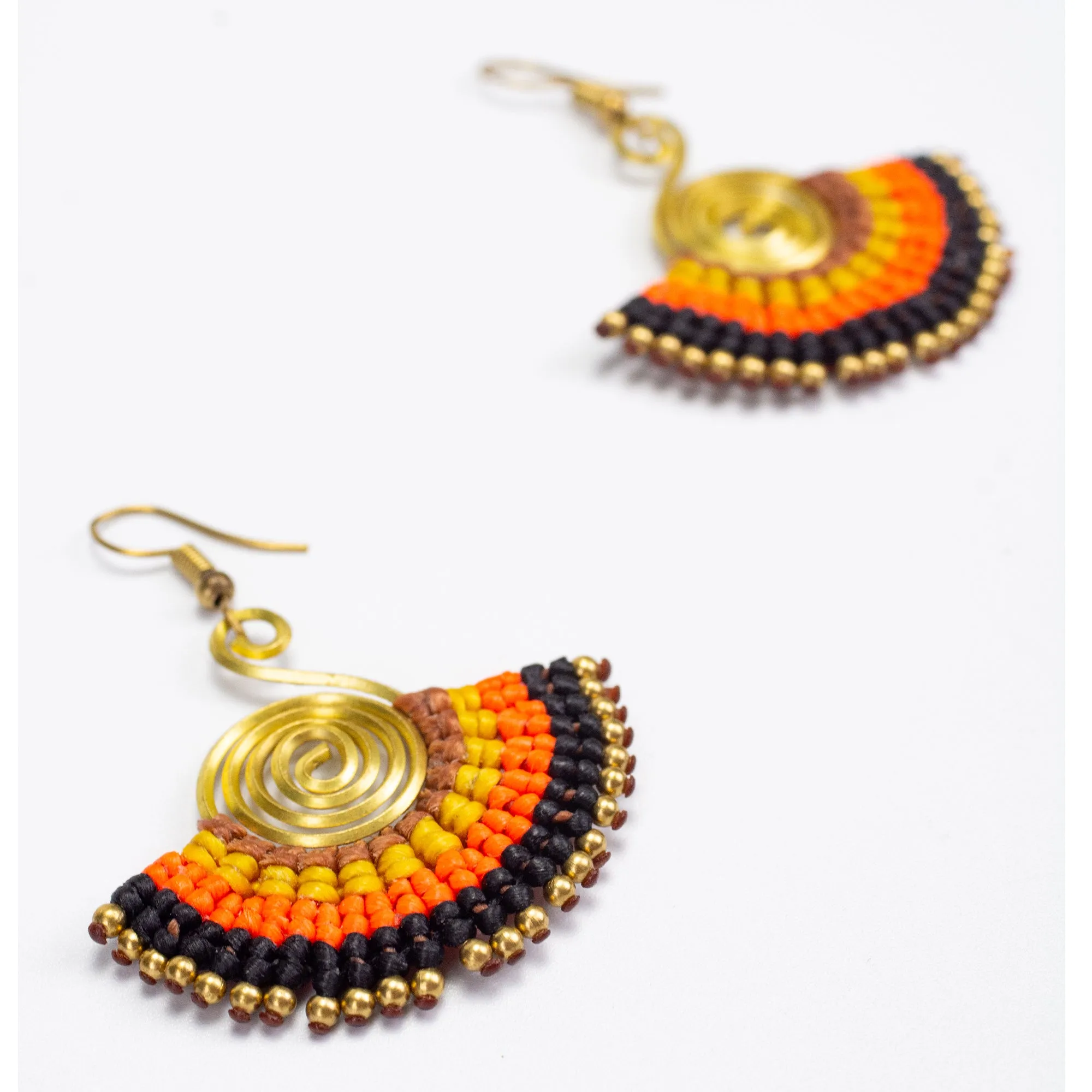 Fan Orange Black Waxed String Spiral Brass Earrings