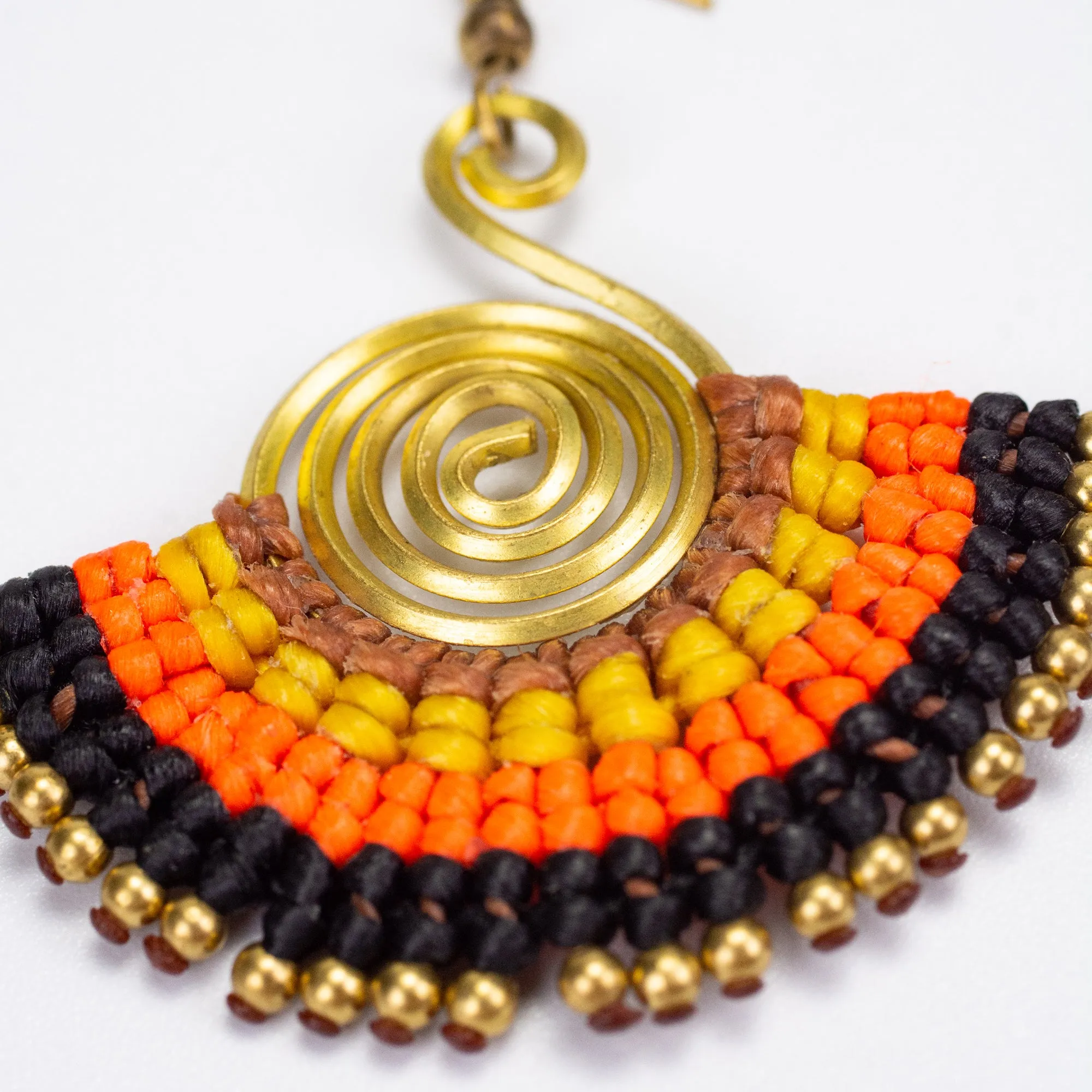 Fan Orange Black Waxed String Spiral Brass Earrings