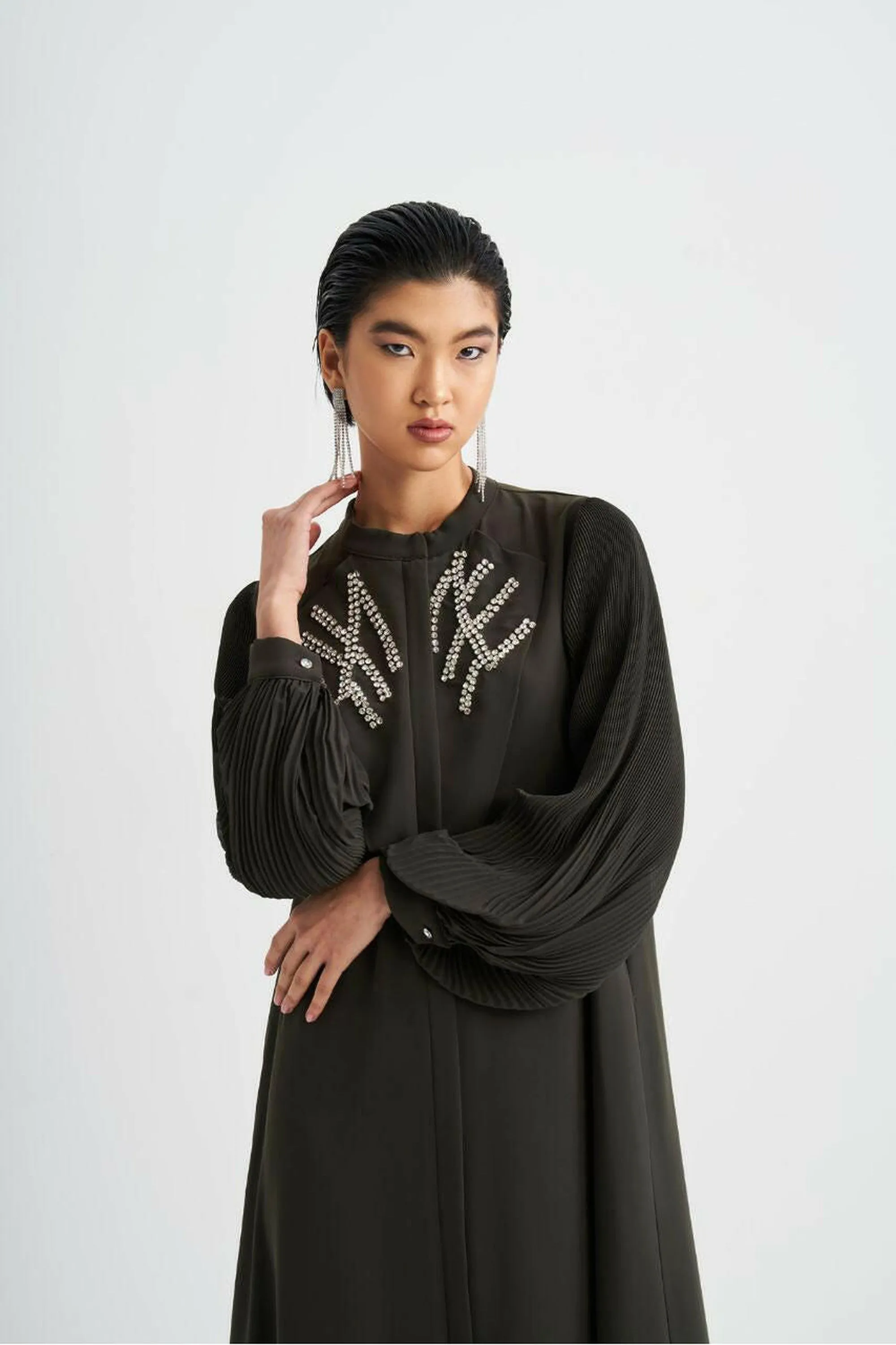 Front Designed Pleated Sleeve Abaya - Dressy, Elegant and Modest Islamic Clothing for Women