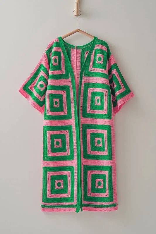 Geometric Pink and Green Crochet Cardigan