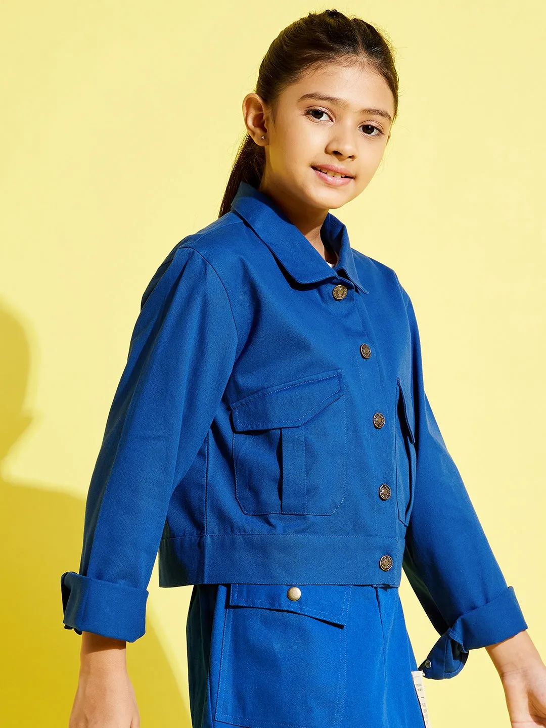 Girls Blue Front Button Twill Jacket