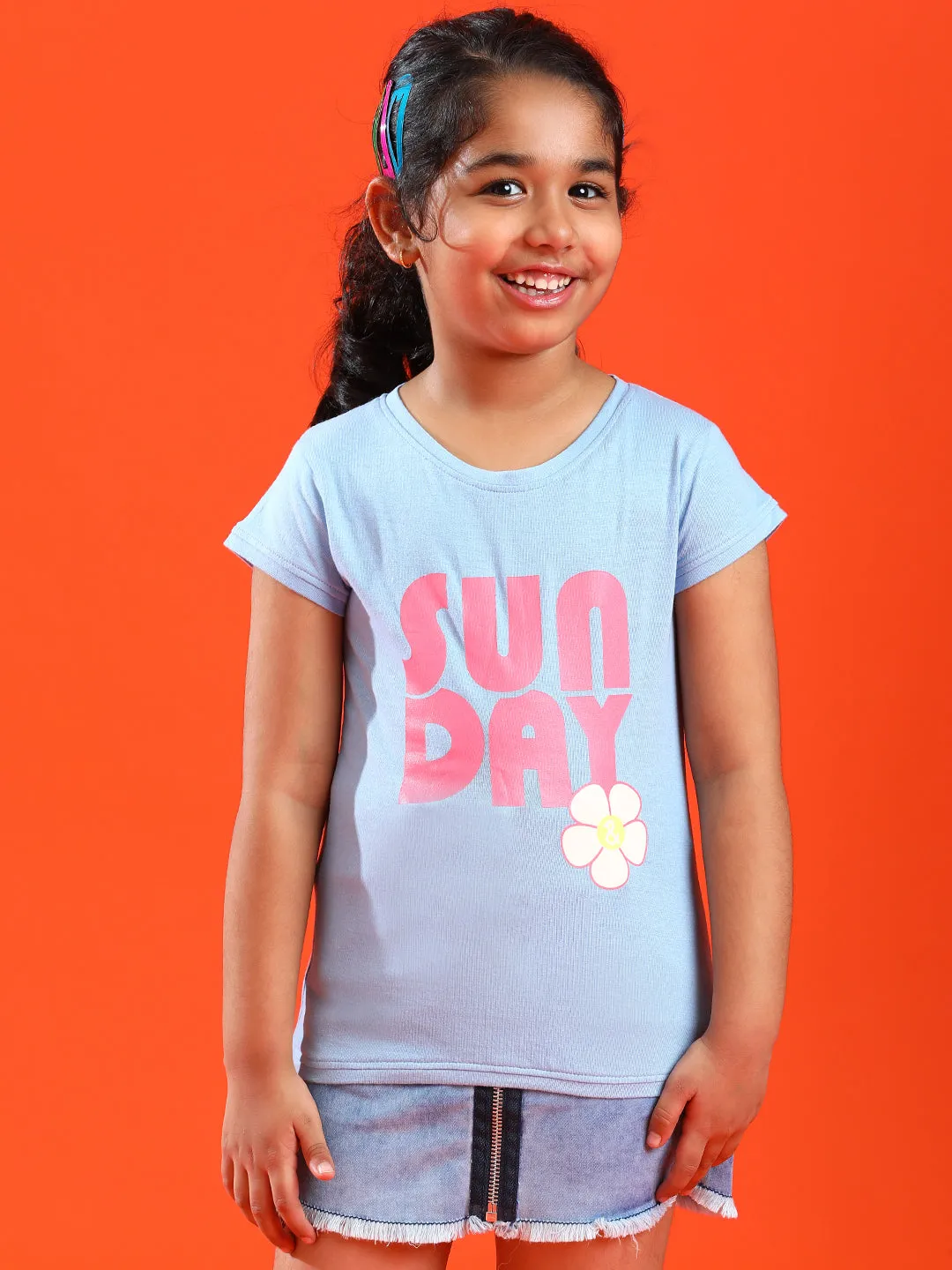 Girls Sky Blue Lycra Printed Slim Fit T-shirt