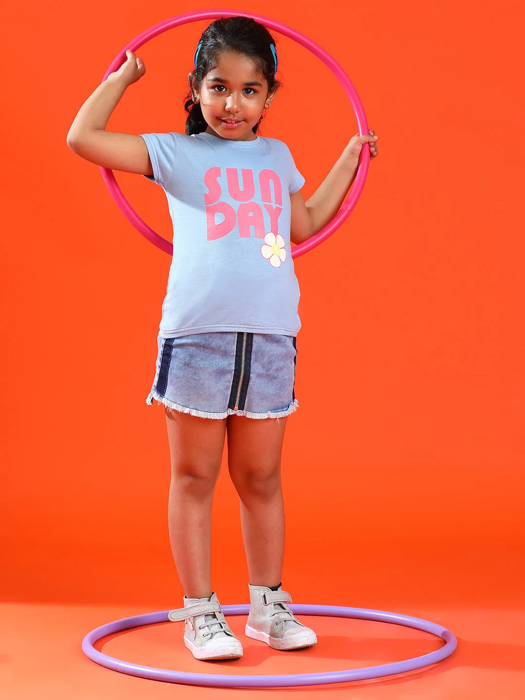 Girls Sky Blue Lycra Printed Slim Fit T-shirt