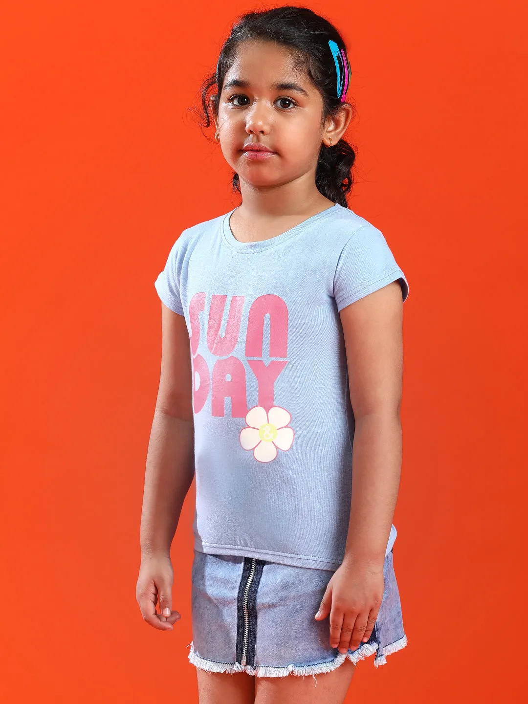 Girls Sky Blue Lycra Printed Slim Fit T-shirt