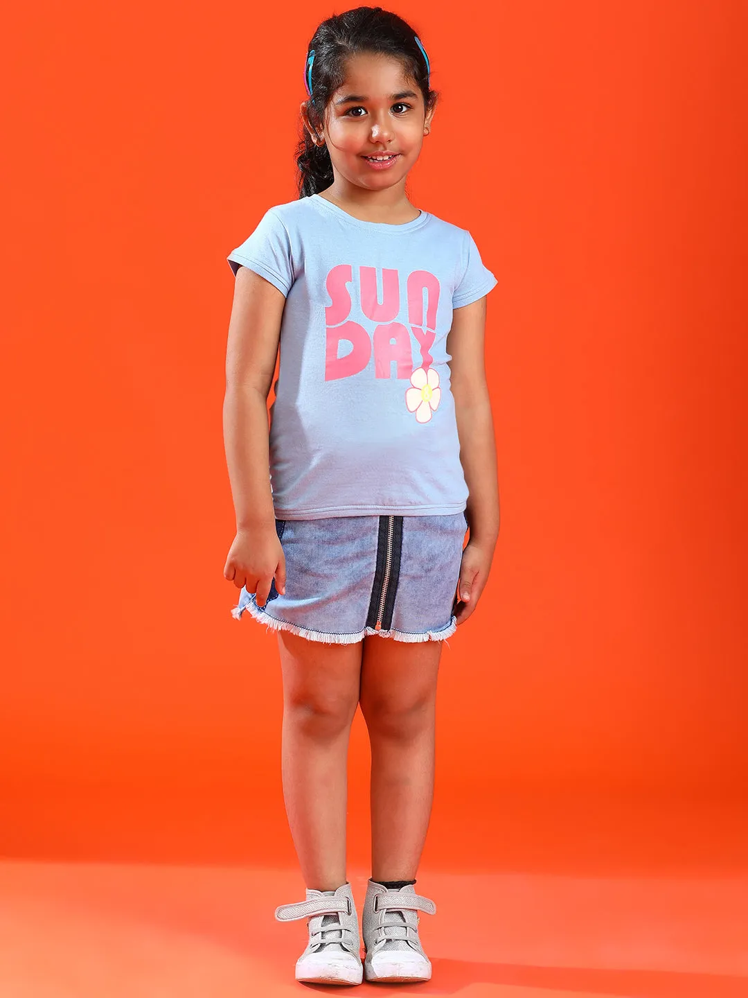 Girls Sky Blue Lycra Printed Slim Fit T-shirt