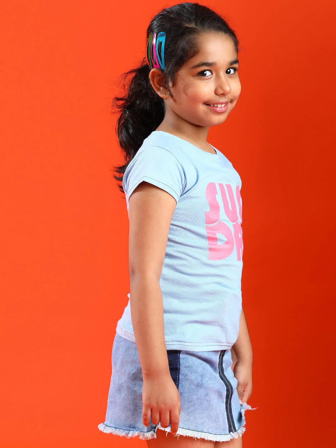 Girls Sky Blue Lycra Printed Slim Fit T-shirt